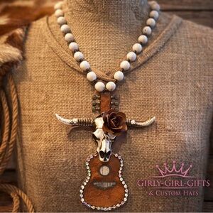 Rustic Bull Skull Pendant Necklace Gypsy South Handmade Longhorn Guitar Necklace
